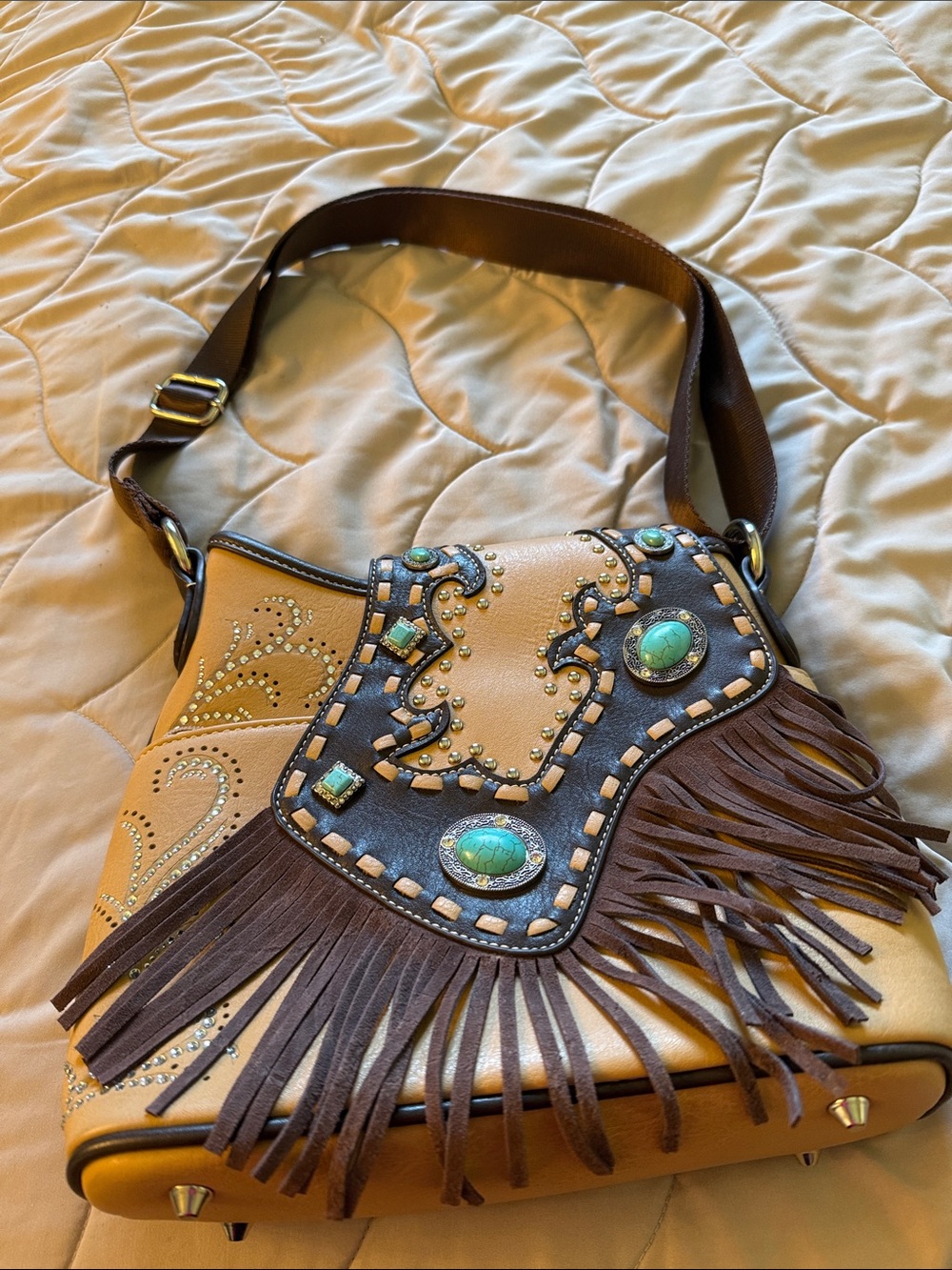 Montana West Tan Crossbody Bag with Brown Fringe and Turquoise Accents